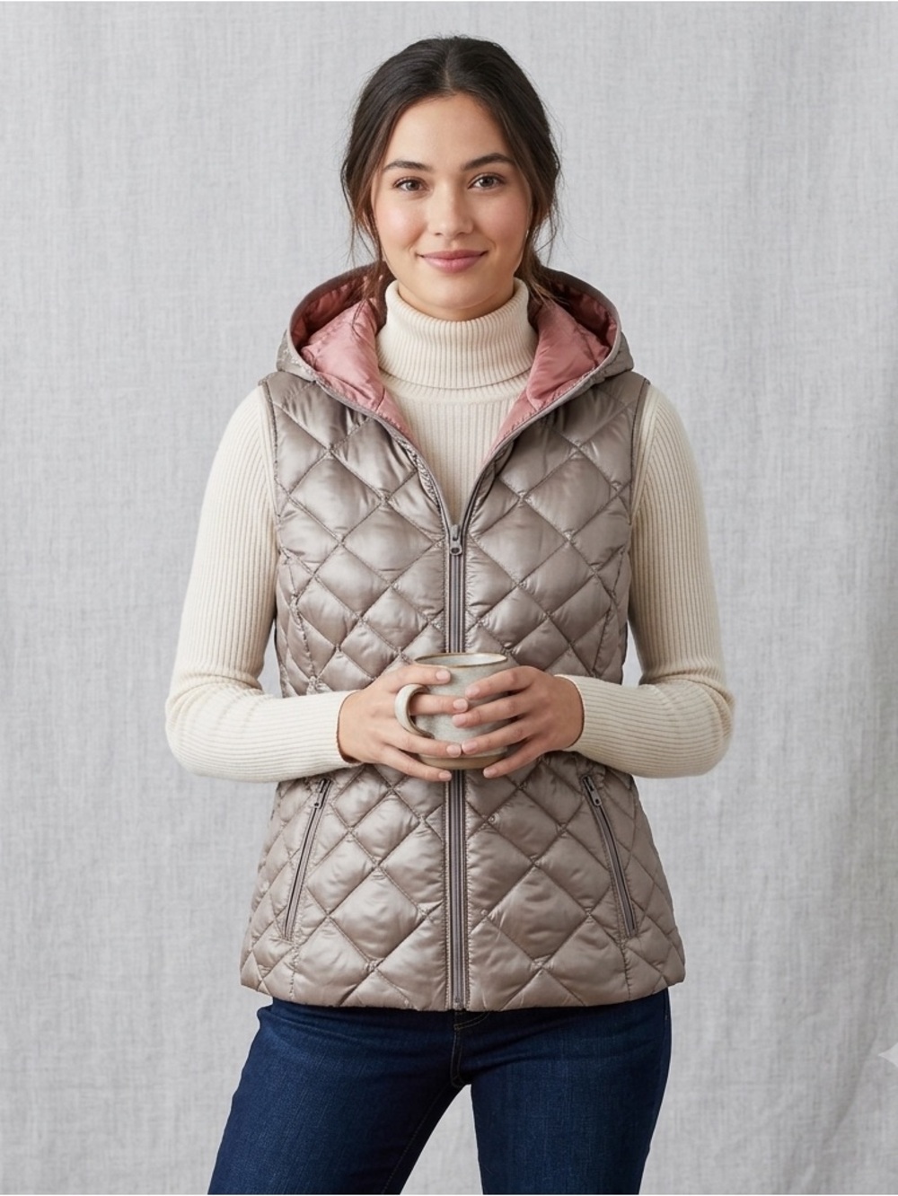Bernardo Silver / Pink Quilted Hooded 90% Down Vest